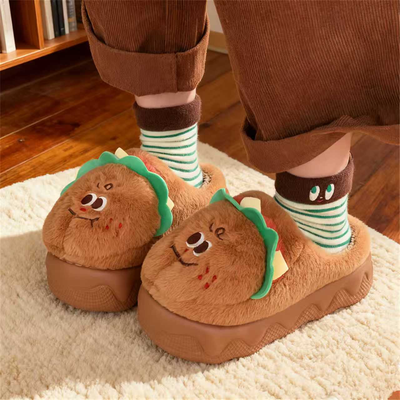 🍔 Kawaii Burger Plush Slippers - Thick Sole Cozy Indoor Outdoor Shoes for Women & Men