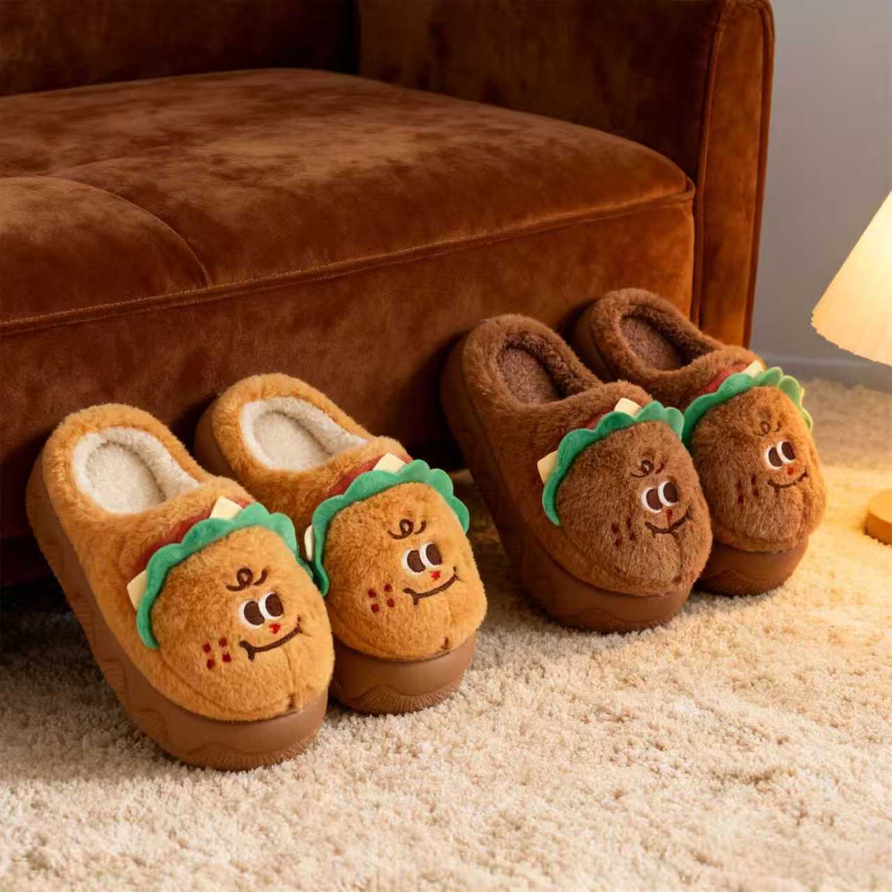 🍔 Kawaii Burger Plush Slippers - Thick Sole Cozy Indoor Outdoor Shoes for Women & Men