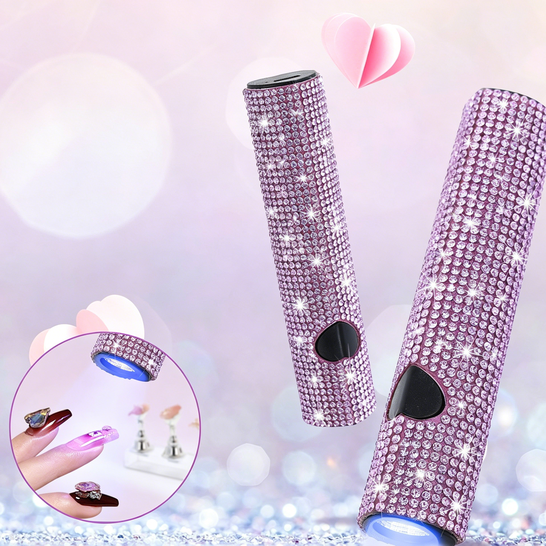 Rhinestone Heart-Shaped Handheld UV LED Nail Lamp, Rechargeable Portable Gel Curing Light with 2 Timers for Press On Nails & Manicure