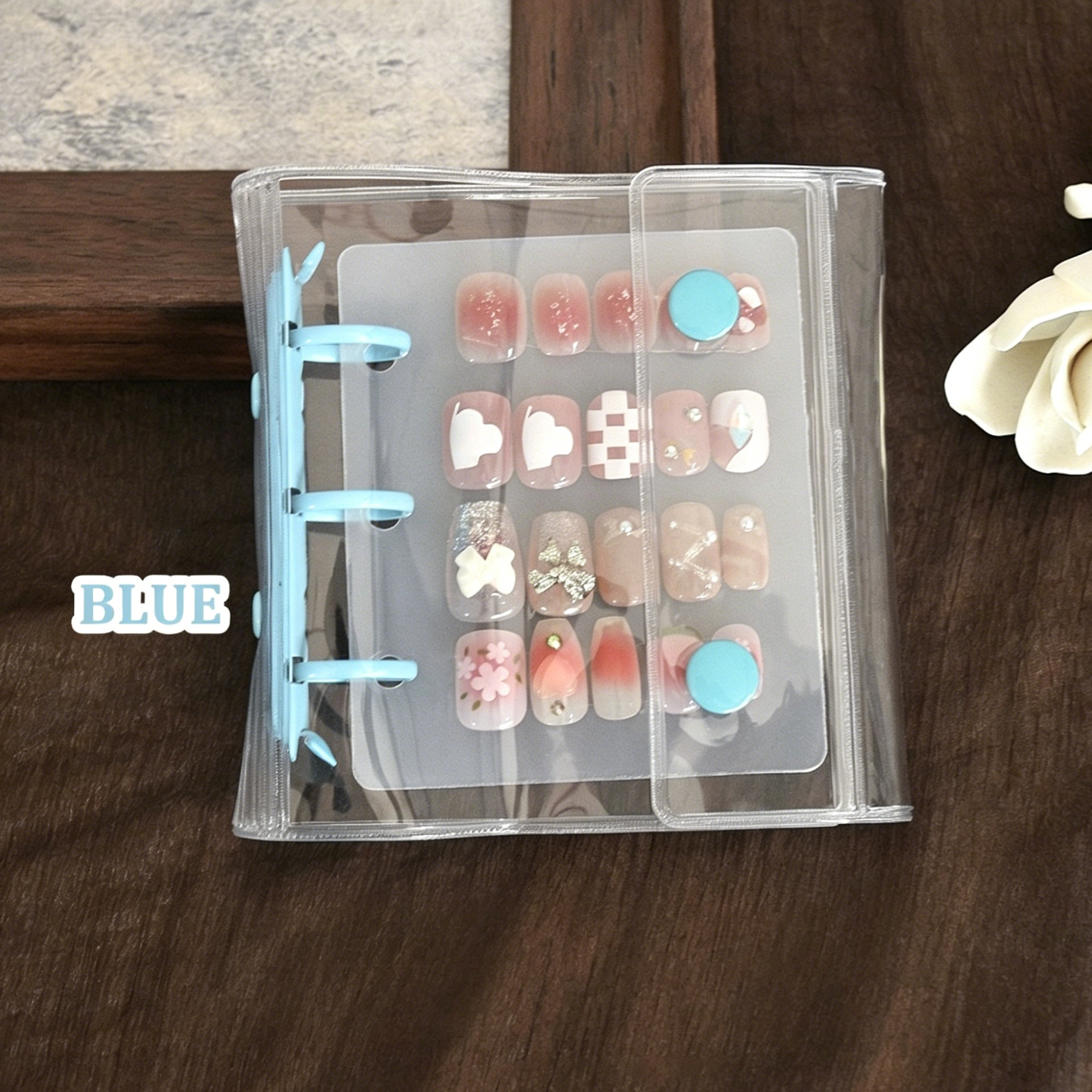 A8 Binder Mini Transparent Loose-Leaf Nail Art Display Book, Portable Press On Nail Storage Album with 6 Pages & 24 Adhesive Strips for Manicure Samples, DIY Crafts & Collectibles