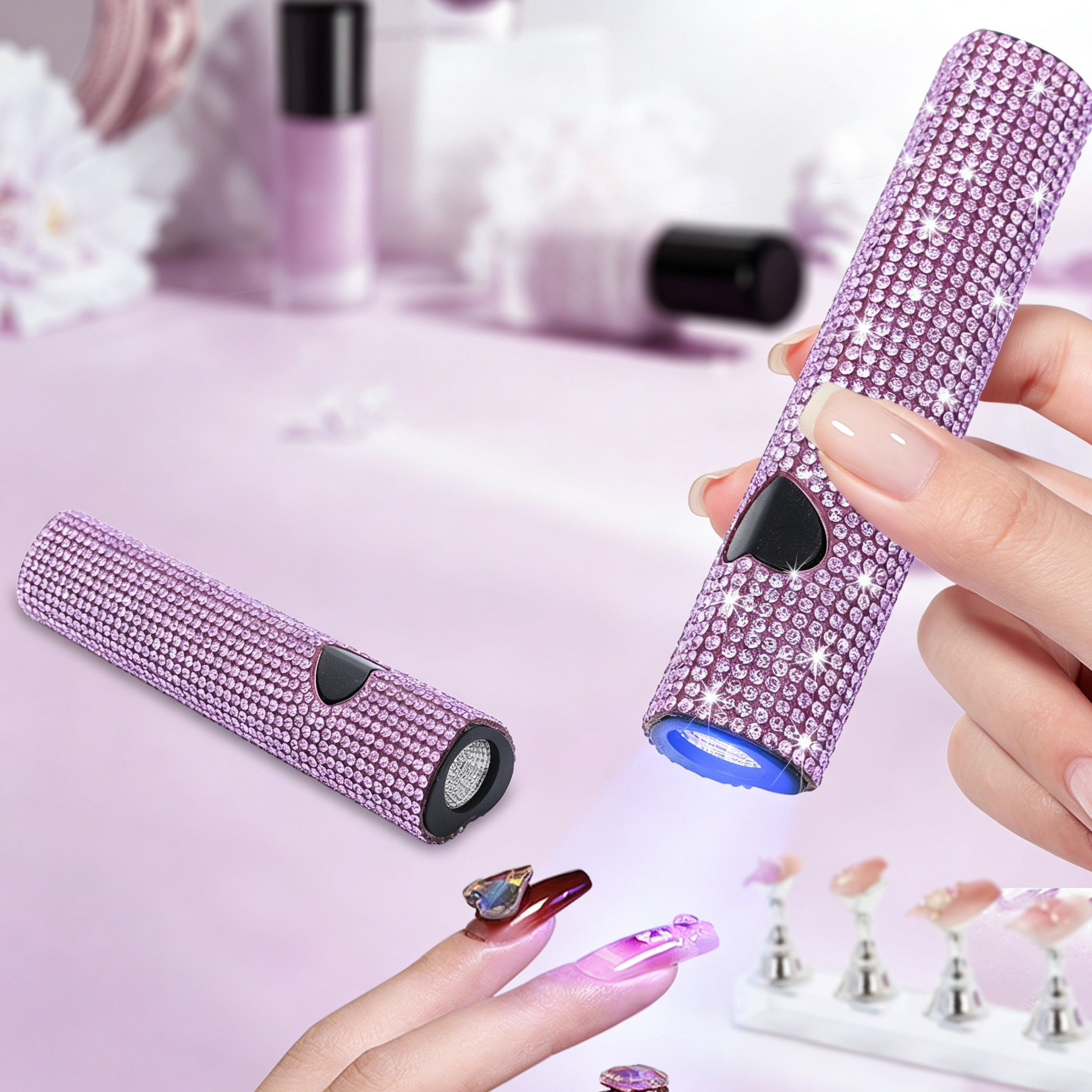 Rhinestone Heart-Shaped Handheld UV LED Nail Lamp, Rechargeable Portable Gel Curing Light with 2 Timers for Press On Nails & Manicure